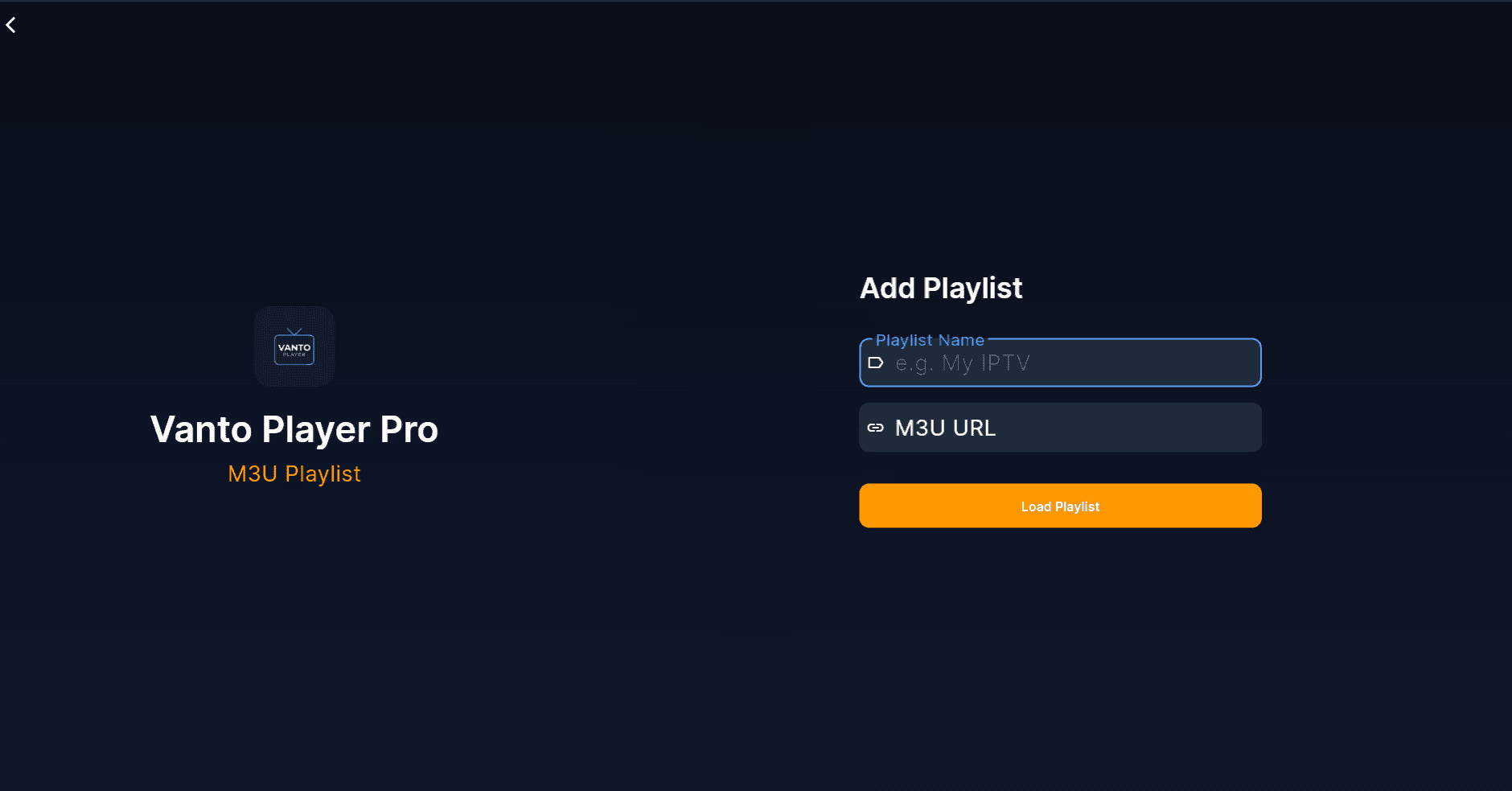 Adding an M3U playlist via Vanto Player login screen