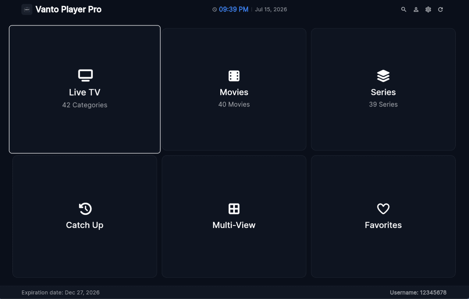 Vanto Player Smart TV Interface Screenshot